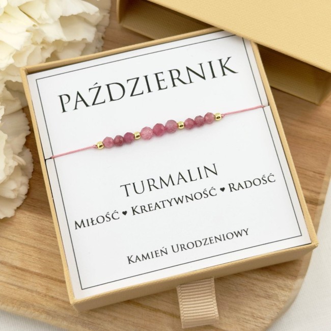 bransoletka urodzinowa październik z różowego turmalinu na sznurku