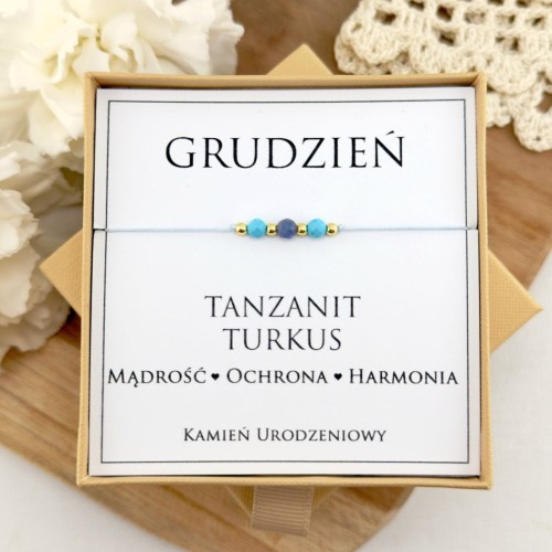 bransoletka urodzinowa grudzień z kamienia tanzanitu i turkusu na sznurku