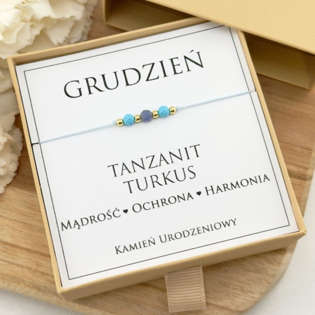 bransoletka z kamieni urodzeniowych tanzanit turkus na sznurku dla grudnia