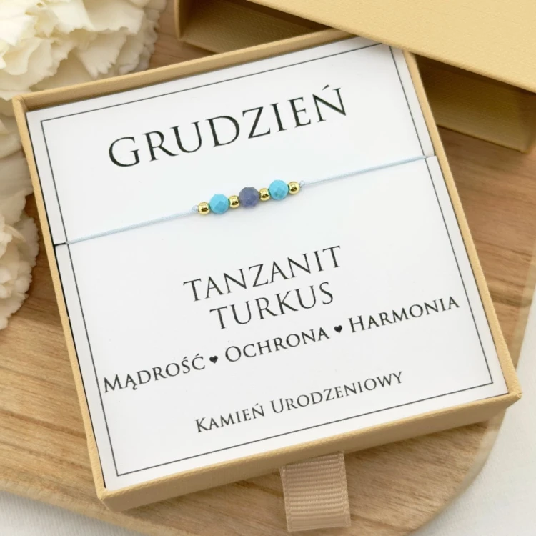 bransoletka z kamieni urodzeniowych tanzanit turkus na sznurku dla grudnia