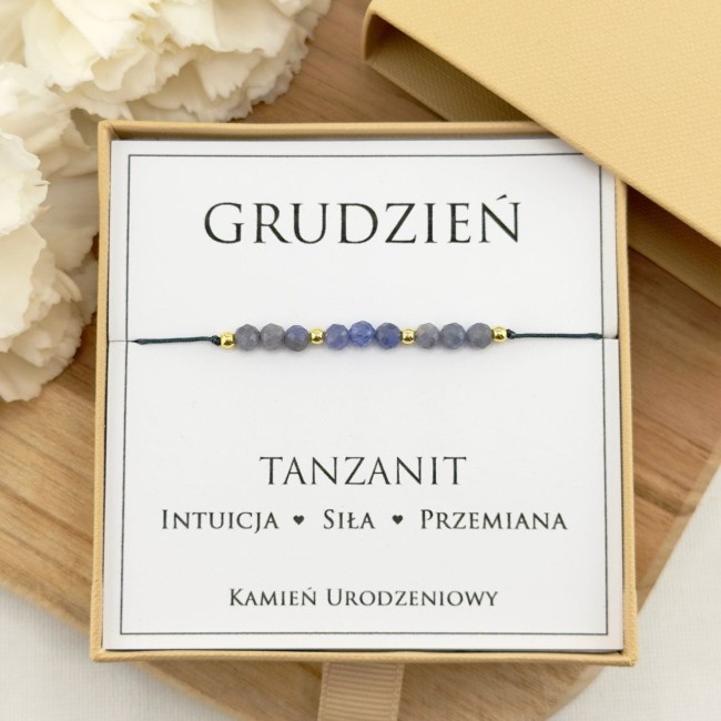 bransoletka urodzinowa dla grudnia z kamienia tanzanit na sznurku