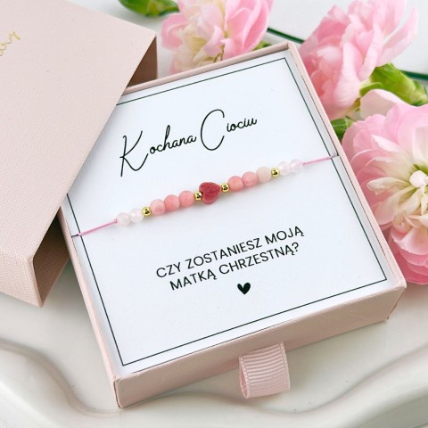 bransoletka dla chrzestnej z serduszkiem z rodonitu na sznurku różowym