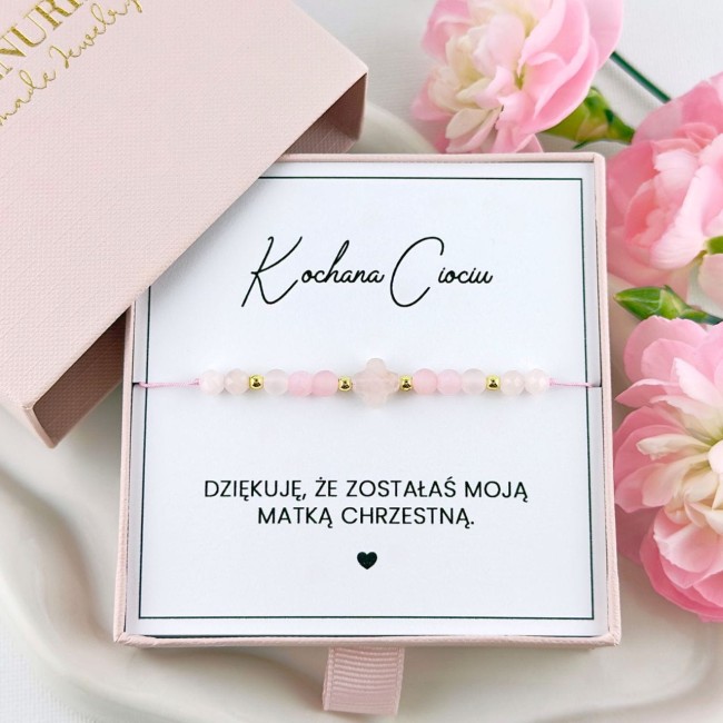 bransoletka dla chrzestnej z koniczyną z kwarcu różowego na sznurku