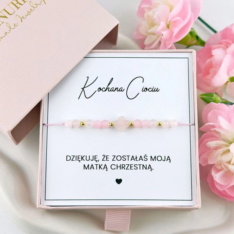 bransoletka dla chrzestnej z koniczyną z kwarcu różowego na sznurku