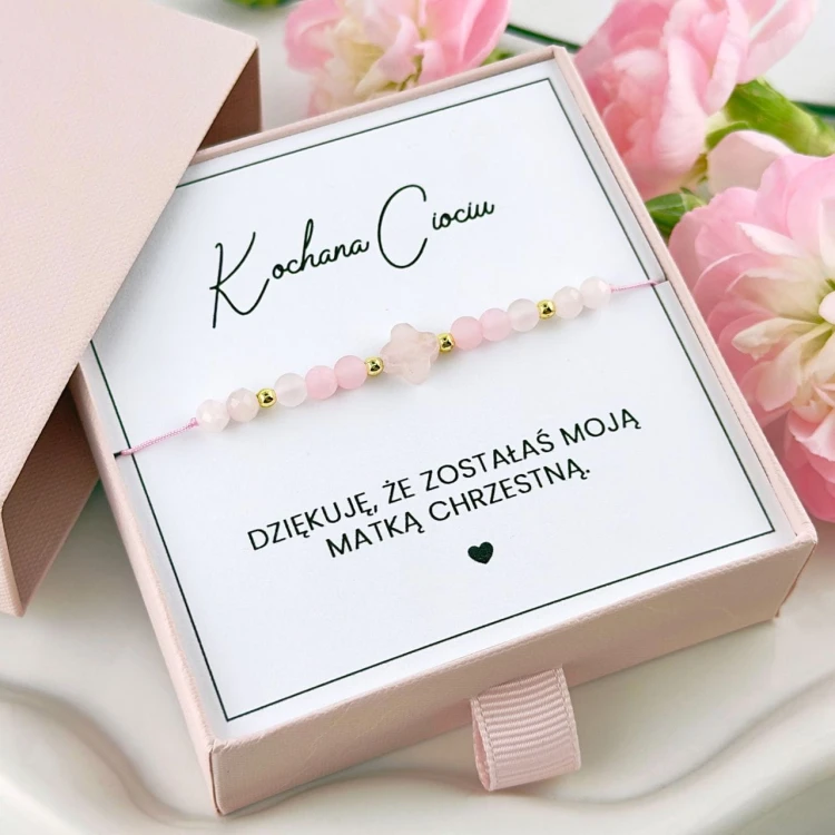 bransoletka dla matki chrzestnej z koniczynką kwarc różowy