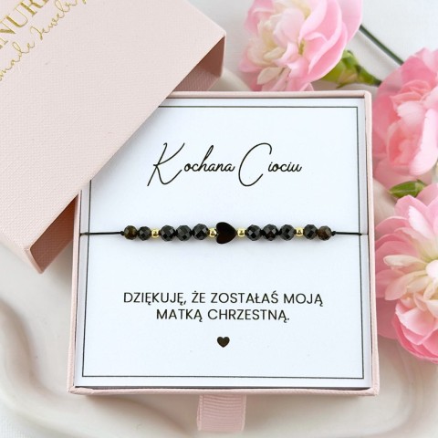 bransoletka dla chrzestnej z czarnym sercem z onyksu turmalinu obsydianu