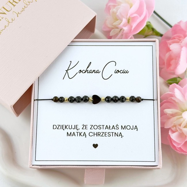 bransoletka dla chrzestnej z czarnym sercem z onyksu turmalinu obsydianu
