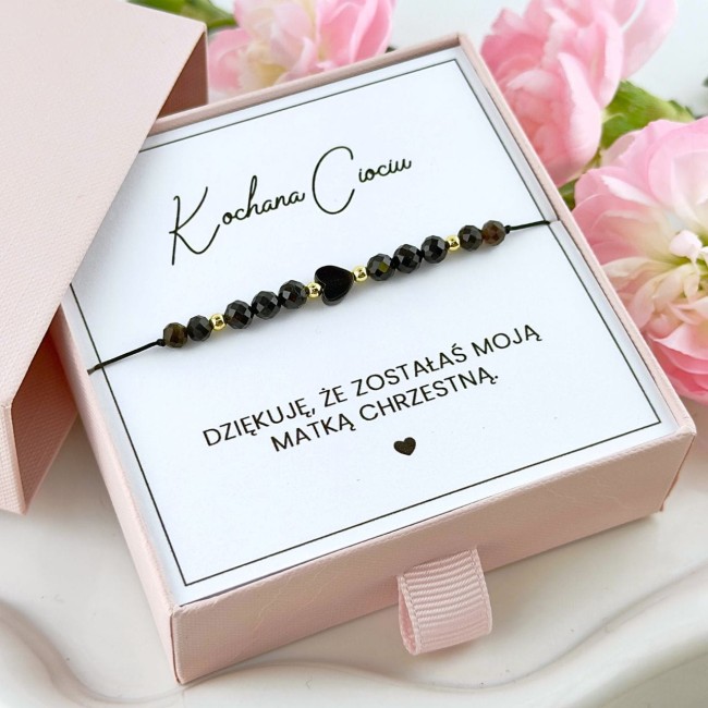 bransoletka dla matki chrzestnej z sercem na sznurku turmalin onyks obsydian