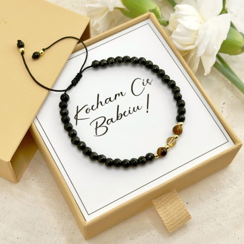 czarna bransoletka dla babci z onyksu tygrysiego oka i cytrynu na sznurku