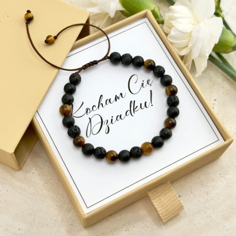 czarna brązowa bransoletka męska dla dziadka z tygrysiego oka i lawy