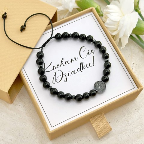 bransoletka dla dziadka na sznurku z czarnego onyksu i drzewem życia