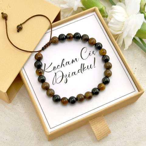 brązowa bransoletka męska dla dziadka na regulowanym sznurku onyks