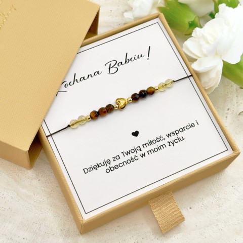 bransoletka dla babci z serduszkiem z tygrysiego oka i cytrynu na sznurku