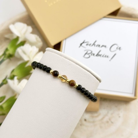 czarna bransoletka z onyksu tygrysiego oka i cytrynu na sznurku na wałku