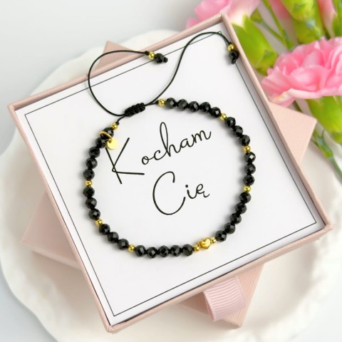 bransoletka z czarnego turmalinu z serduszkiem ze srebra 925 pozłacanego z dedykacją