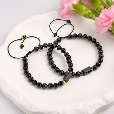 komplet dwóch bransoletek dla pary z turmalinu i onyksu czarne