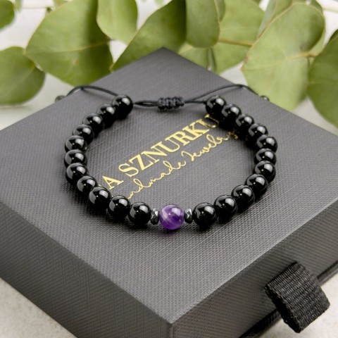 bransoletka męska z czarnego turmalinu i jednego kamienia ametystu