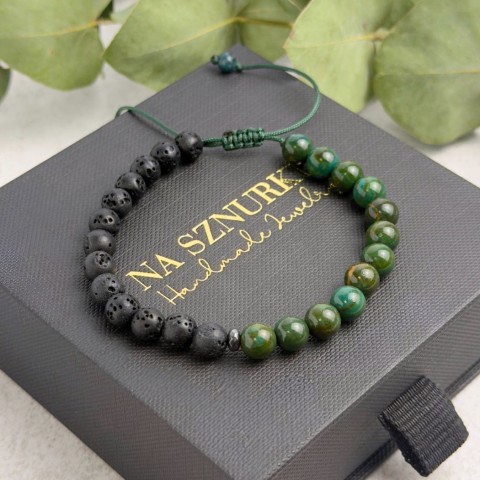 zielona bransoletka z kamieni apatyt lawa wulkaniczna na sznurku