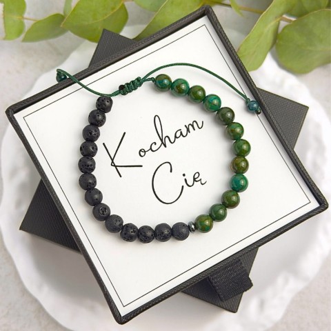 bransoletka męska z apatytu i lawy wulkanicznej na sznurku z dedykacją