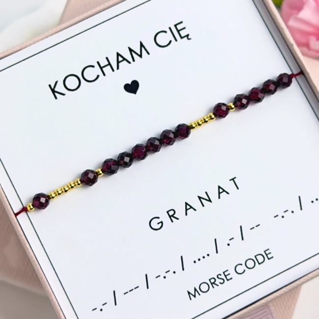bransoletka morse code kocham cię z granatu na sznurku