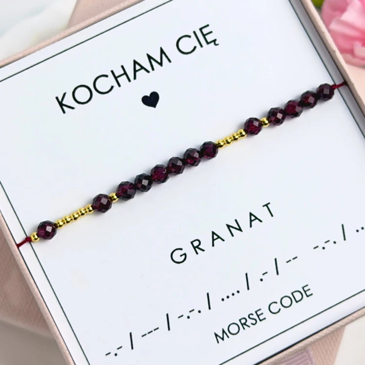bransoletka morse code kocham cię z granatu na sznurku