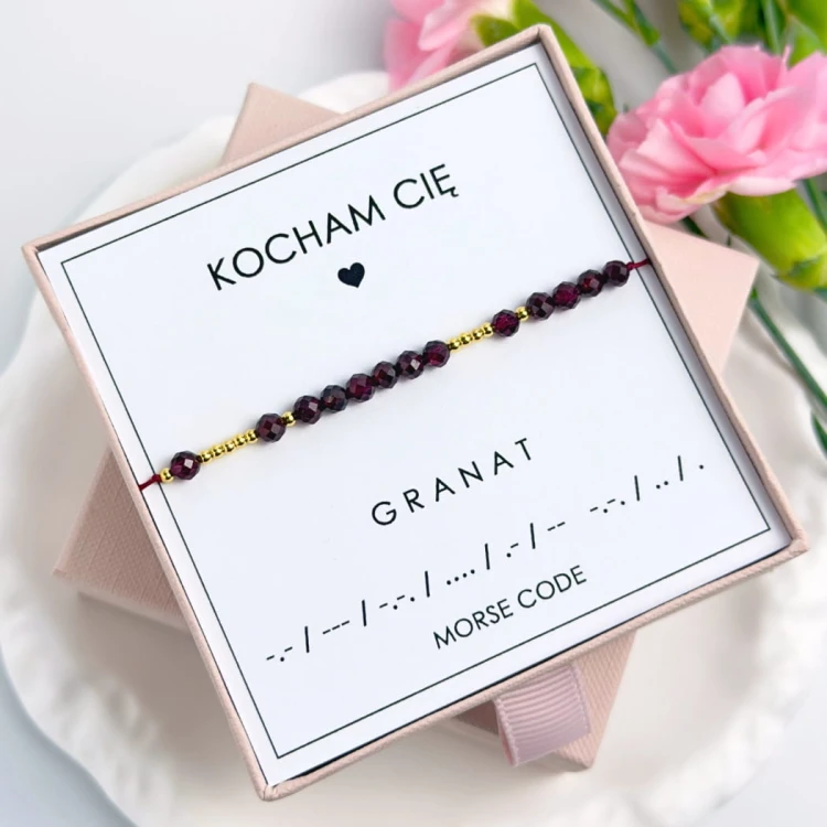 bransoletka kocham cię kodowana alfabetem morse z granatu i srebra