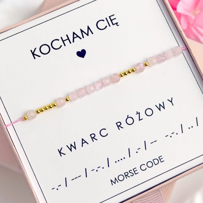 różowa bransoletka z kwarcu różowego na sznurku morse code