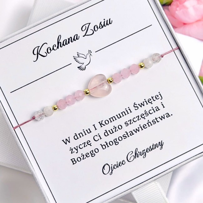 pamiątka na komunię bransoletka z sercem kwarc różowy kryształ na sznurku