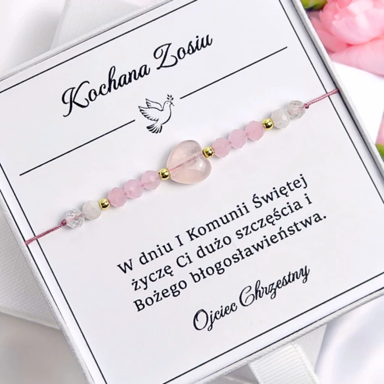 pamiątka na komunię bransoletka z sercem kwarc różowy kryształ na sznurku