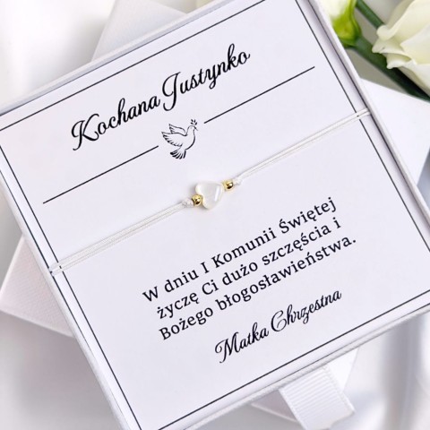 bransoletka na komunię dziewczęca z białym sercem na sznurku masa perłowa