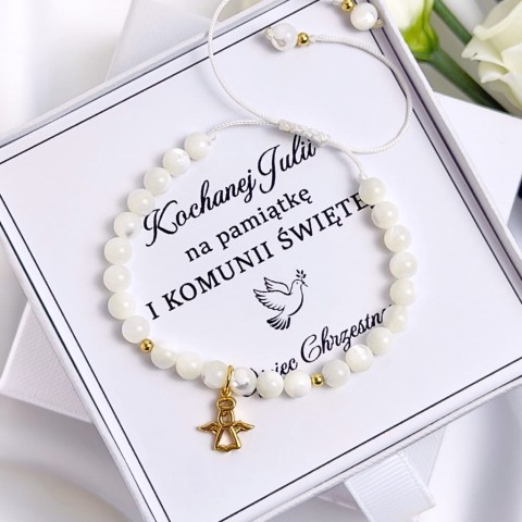 bransoletka komunijna dziewczęca z zawieszką aniołka na sznurku srebro 925