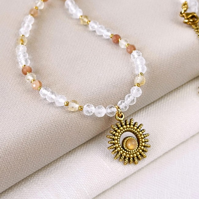 choker z kryształu górskiego cytrynu z zawieszką słońca złotą