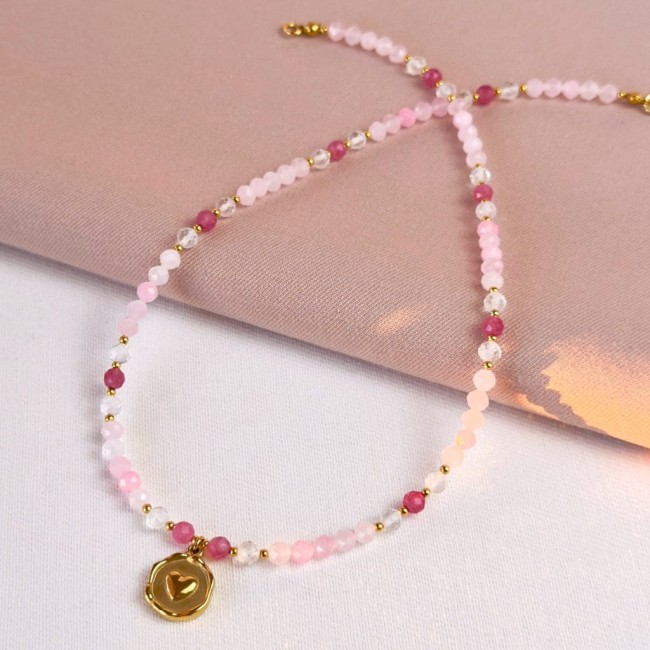różowy choker z turmalinu kwarcu kryształu z zawieszką serca