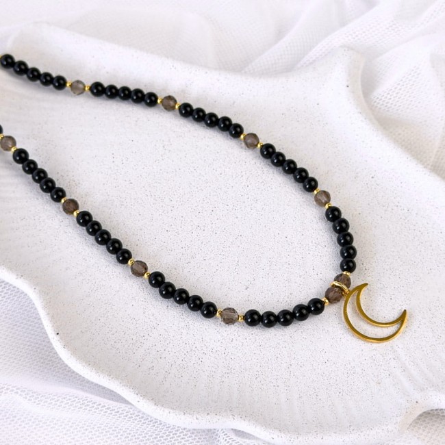 choker z czarnych kamieni naturalnych onyks kwarc dymny z księżycem
