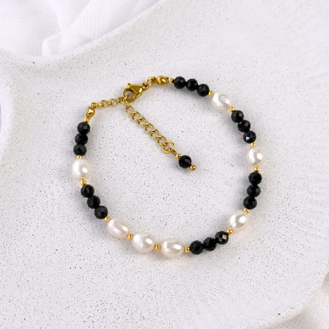 bransoletka regulowana z kamieni turmalinu i pereł z przedłużką ze stali