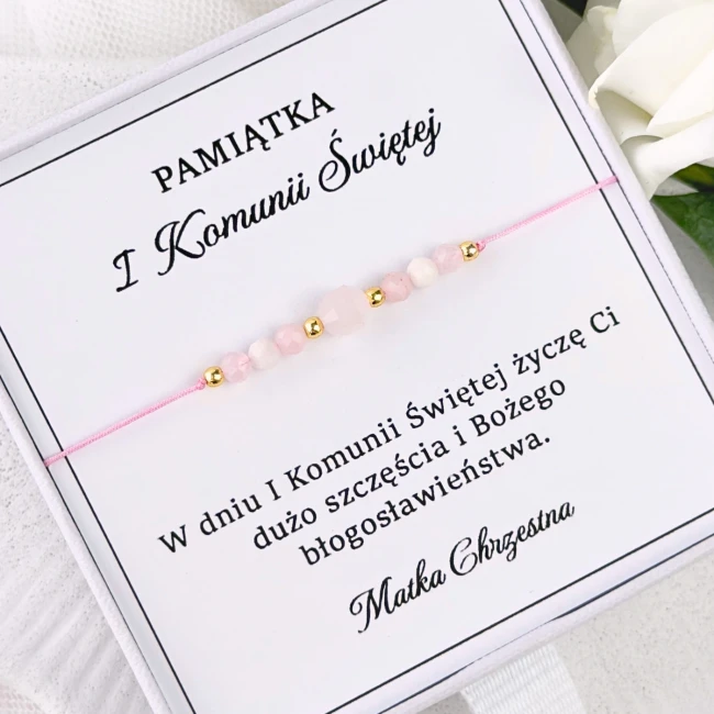 różowa bransoletka dla dziewczynki na komunię z kwarcu różowego na sznurku