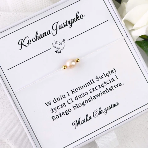 delikatna bransoletka dla dziewczynki z perłą naturalną na białym sznurku