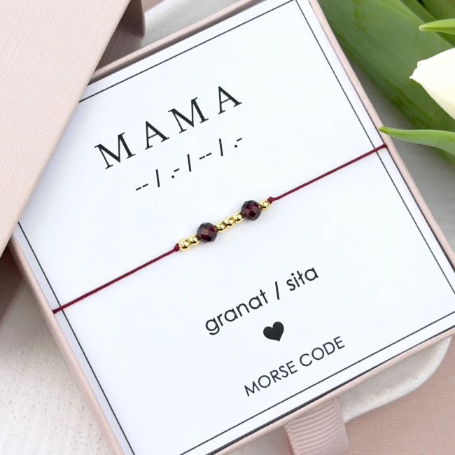 bordowa bransoletka na sznurku z granatu dla mamy morse code