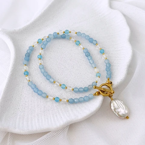 naszyjnik z jadeitu i kryształu górskiego z zawieszką perły barokowej