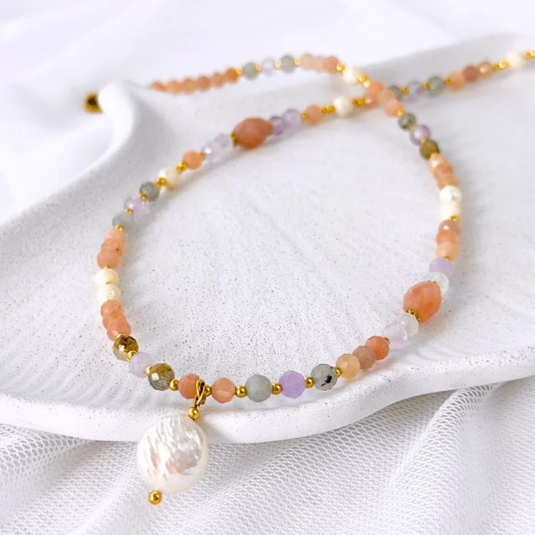 choker z kamienia słonecznego pereł naturalnych z zawieszką perły barokowej