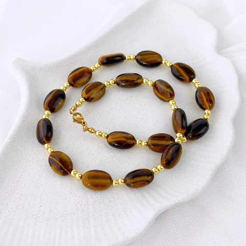 choker z dużych kamieni naturalnych tygrysiego oka pozłacana stal