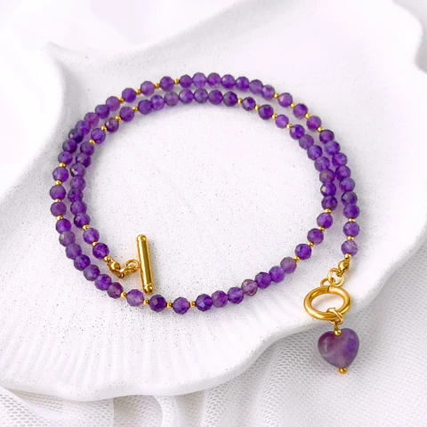 naszyjnik z ametystu z zawieszką dużego serca z pozłacanej stali