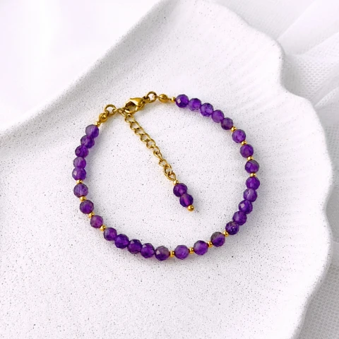 bransoletka z fasetowanego kamienia ametystu 4mm ze stali chirurgicznej