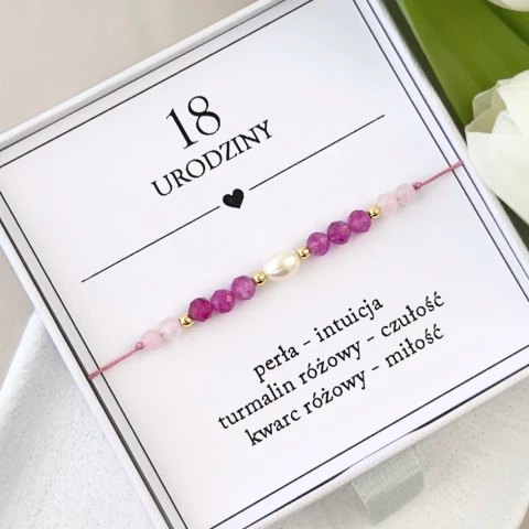 różowa bransoletka na 18 urodziny z perłą turmalin kwarc różowy