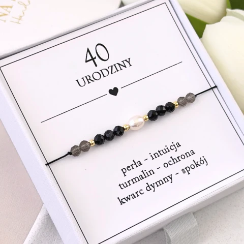 bransoletka na 40 urodziny z perłą turmalinem i kwarcem dymnym