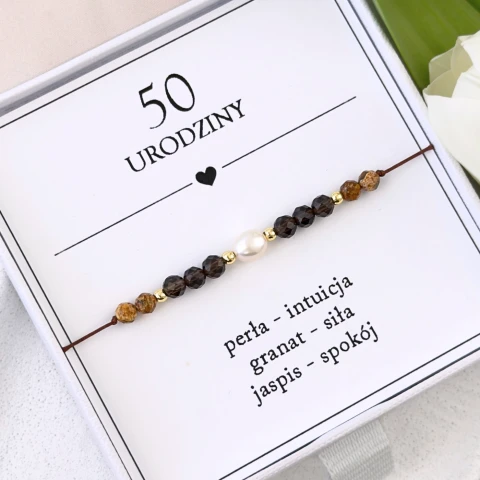 bransoletka na 50 urodziny z perłą granatem jaspisem na sznurku