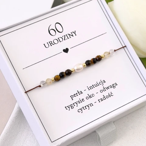 bransoletka na 60 urodziny perła tygrysie oko cytryn na sznurku