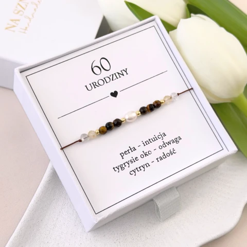 bransoletka na 60 urodziny z perłą i z kamieni naturalnych cytryn