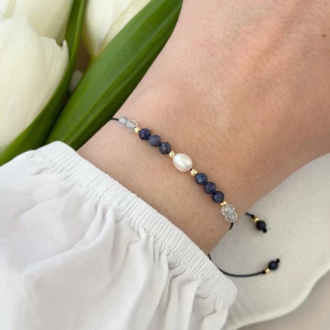 bransoletka z perłą szafirem topazem na sznurku