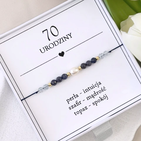 bransoletka na urodziny dla niej z perłą szafirem topazem na sznurku